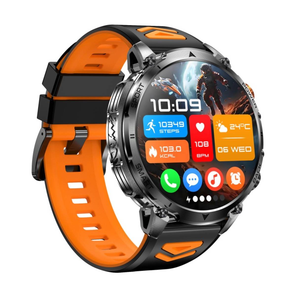 Schwarz-orangene Smartwatch mit rundem Touchscreen, die 10:09 anzeigt, Fitnessdaten, Wetter 24°C, Herzfrequenz 108 BPM und App-Symbole.