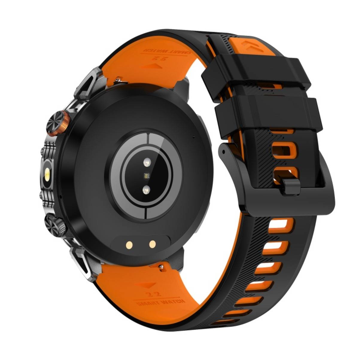 Schwarze und orangefarbene Smartwatch von hinten dargestellt, mit kreisförmigen Sensoren, einem robusten Gehäuse und einem perforierten Sportarmband.