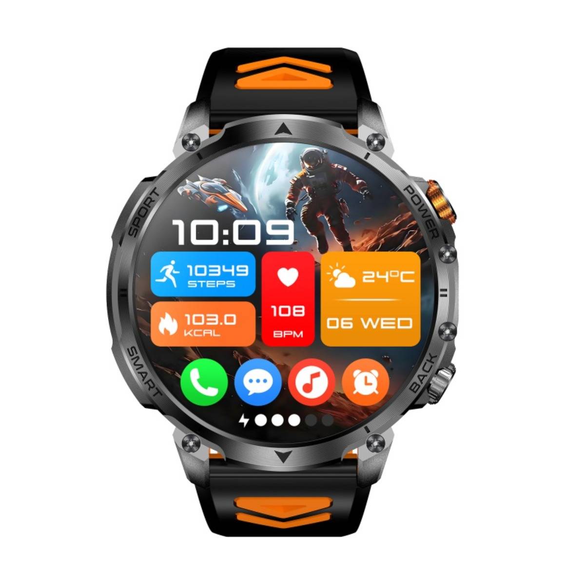 Smartwatch-Display zeigt 10:09 mit Fitness-Statistiken: 10.349 Schritte, 103,0 kcal, 108 BPM, 24°C und Mi 06, plus App-Symbole und Astronauten-Design-Hintergrund.