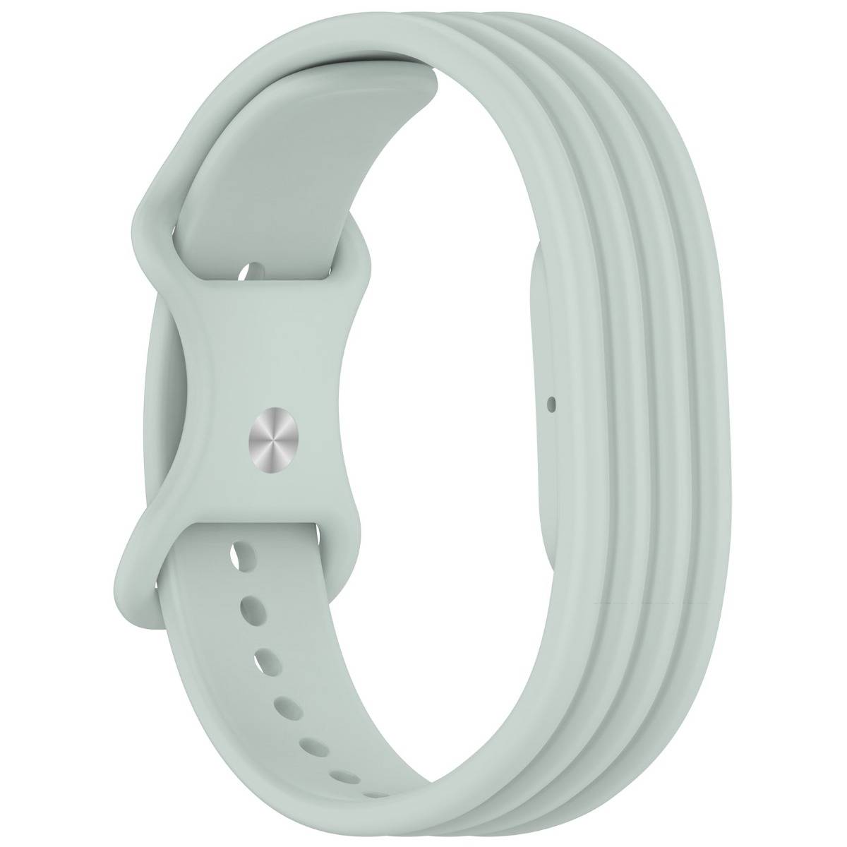 Hellgrünes Silikonarmband mit verstellbarer Schnalle und Metallstift, isoliert auf weißem Hintergrund dargestellt.