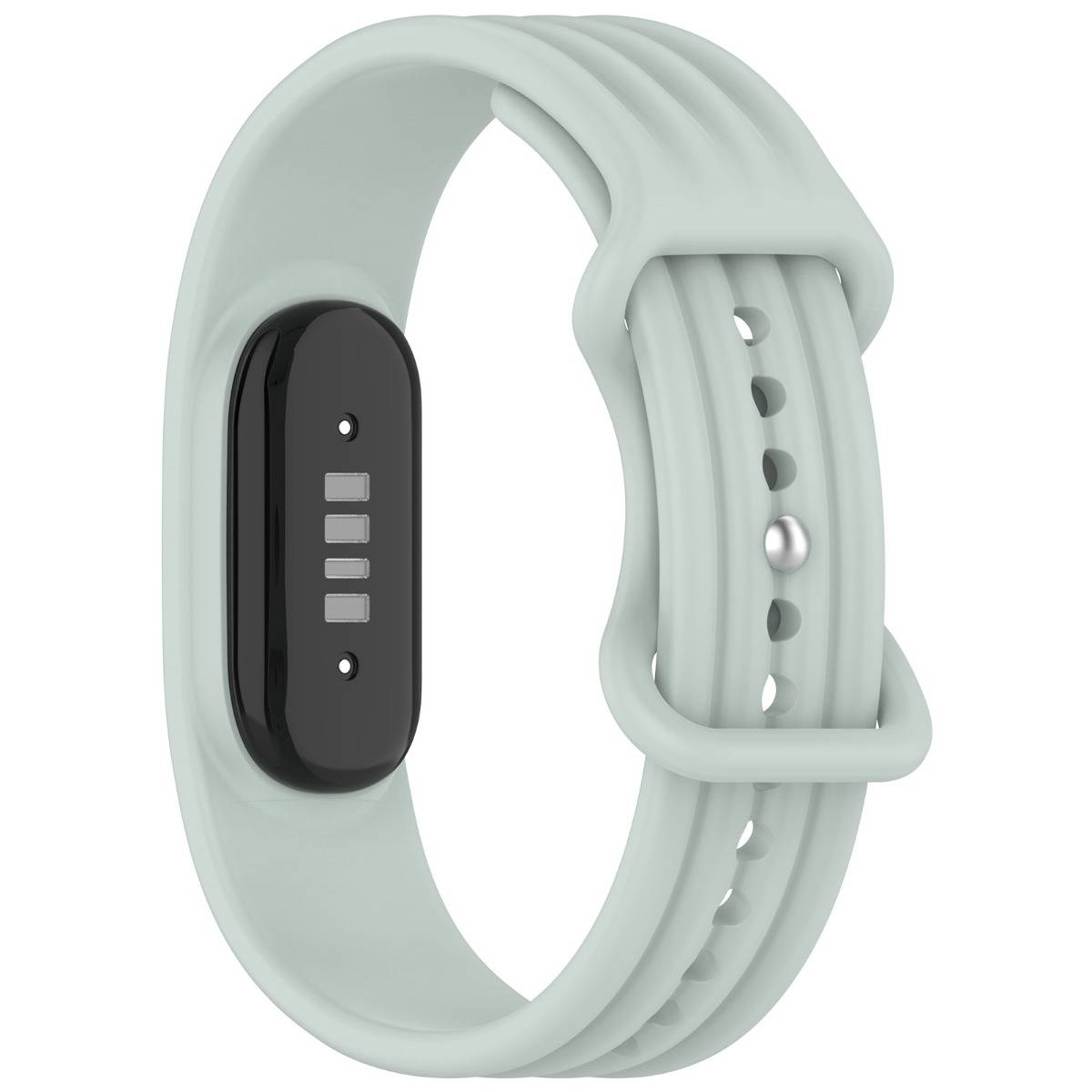 Ein hellgrünes Fitness-Tracker-Armband mit schwarzem Sensormodul und verstellbarem Riemenverschluss, gezeigt auf weißem Hintergrund.