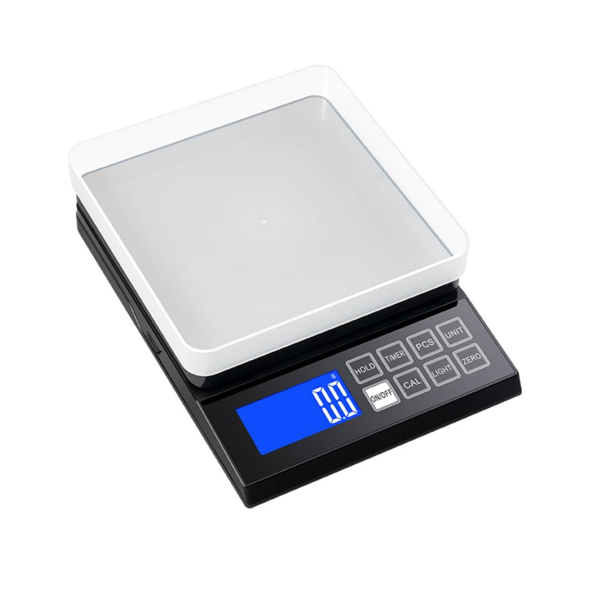 Digitale Küchenwaage mit einer Wiegeplattform aus Edelstahl, blau beleuchtetes Display und Bedienungstasten auf schwarzem Sockel.