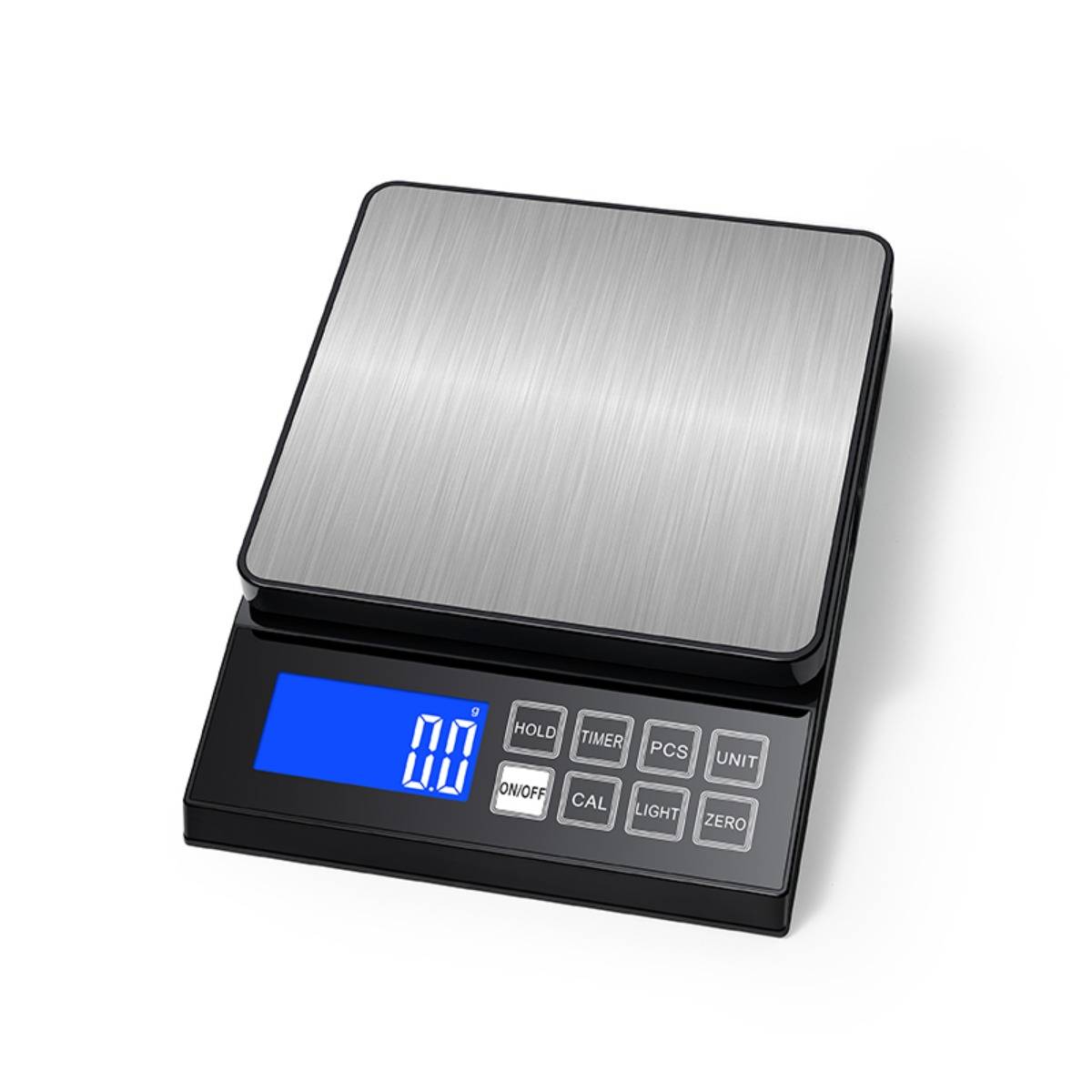 Digitale Küchenwaage mit rostfreier Stahl-Wiegeplattform und blauem LCD-Display mit Anzeige von 0,0, sowie Tasten für Halten, Timer, PCS, Einheit, Ein/Aus, Kalibrierung, Licht und Nullstellen.