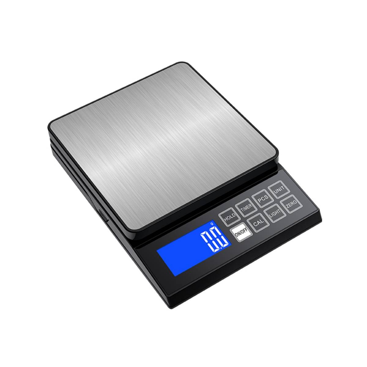 Digitale Küchenwaage mit Edelstahl-Wiegeplattform, blauem Hintergrundlicht-Display und Steuertasten auf schwarzer Basis.