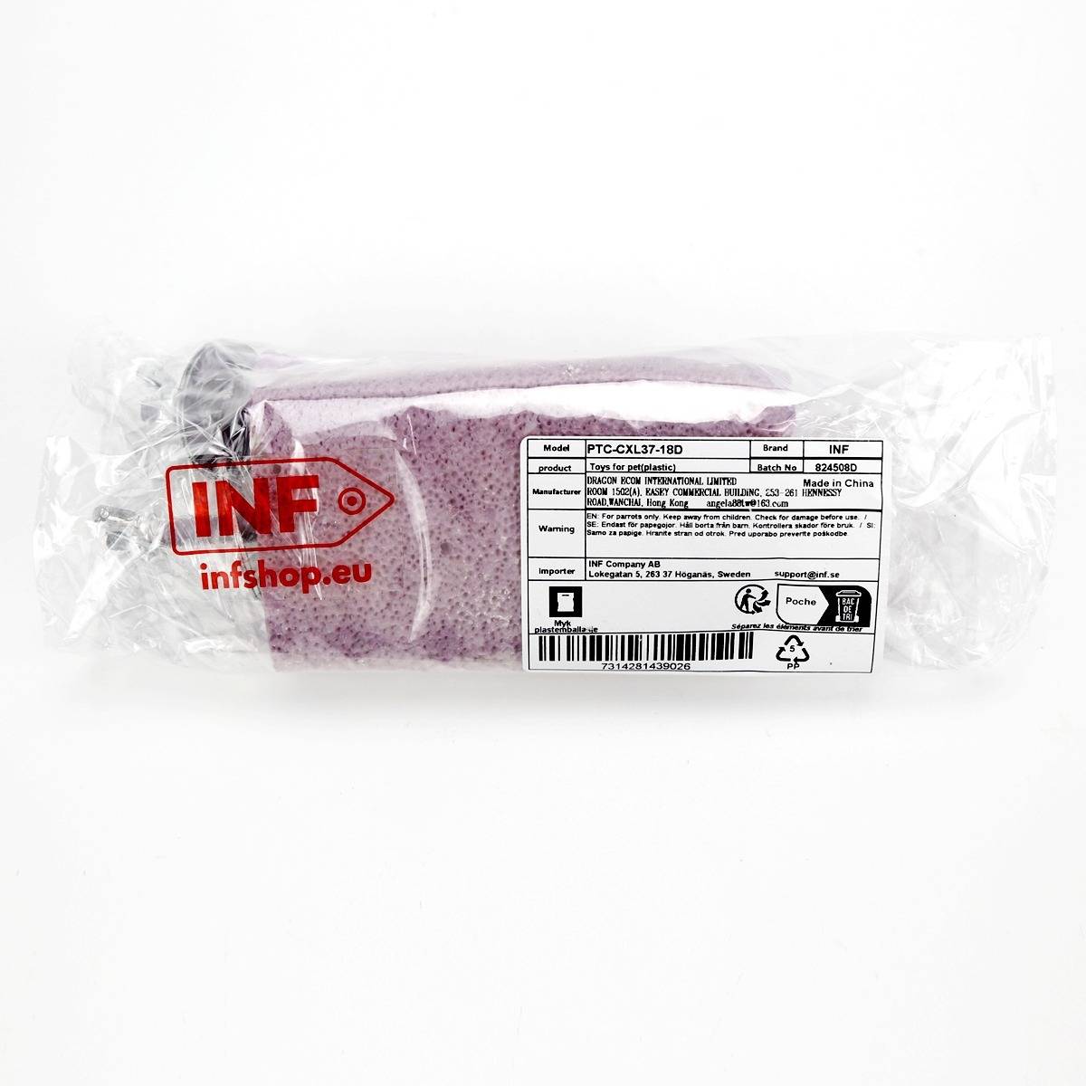 Umwickelter violetter Schaumstoff-Zylinder mit INF infshop.eu-Branding und Produktetikett, auf weißem Hintergrund dargestellt.
