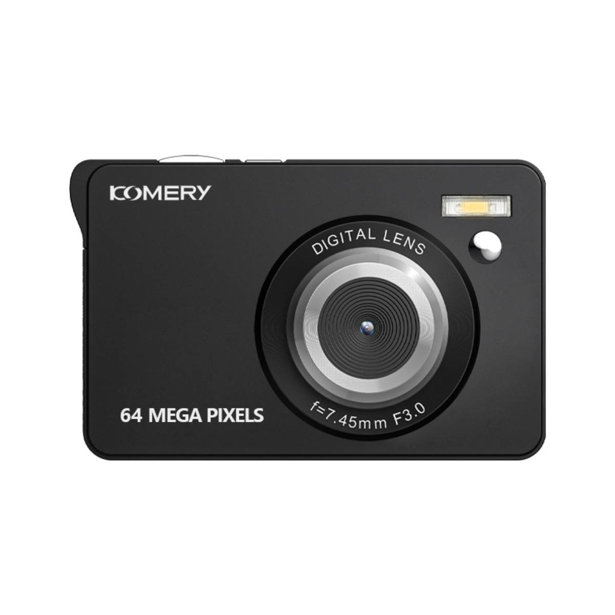 Schwarze KOMERY Digitalkamera in Vorderansicht mit großem Objektiv, Blitz und Text „64 MEGAPIXEL