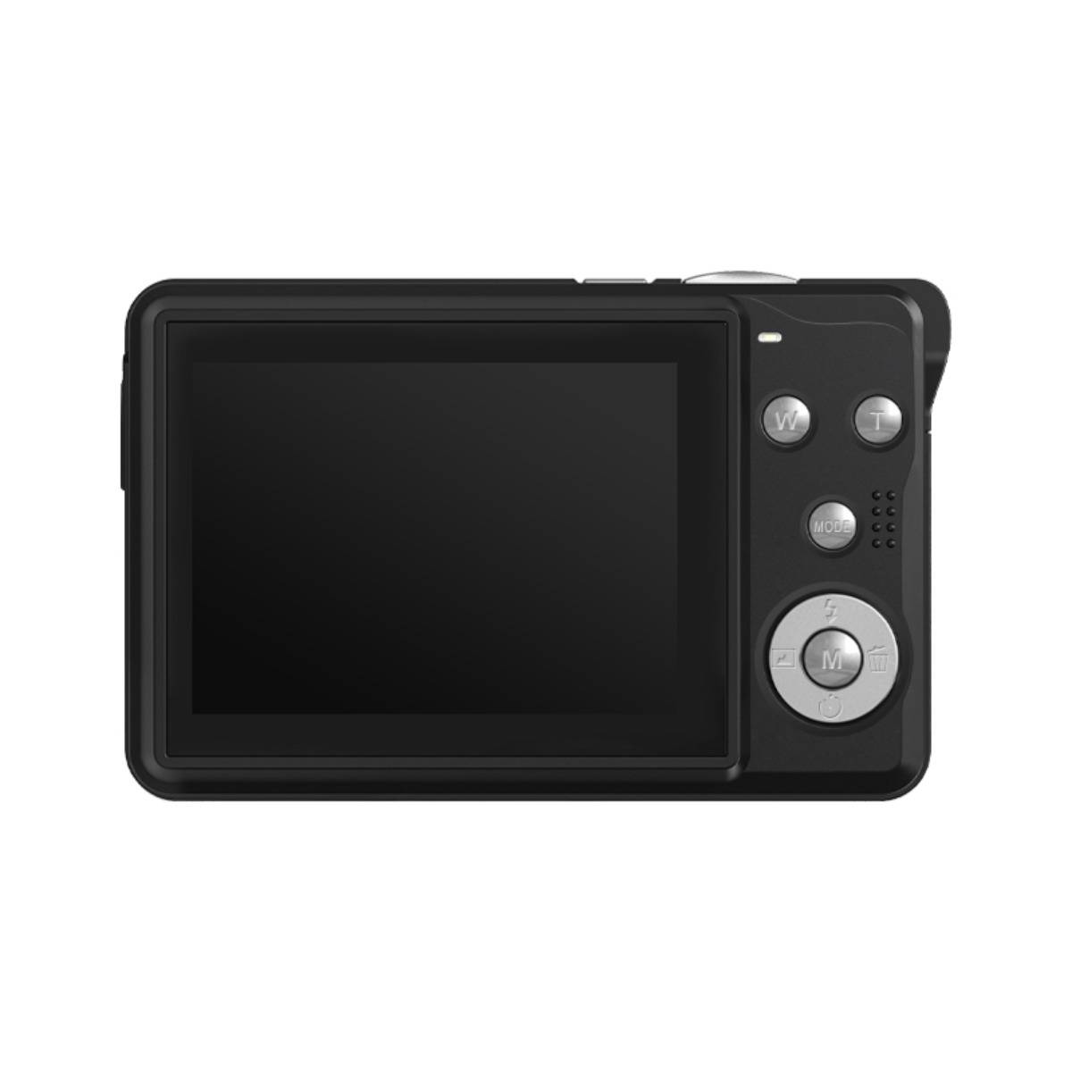 Rückansicht einer kompakten Digitalkamera mit großem LCD-Bildschirm und Bedientasten auf der rechten Seite.