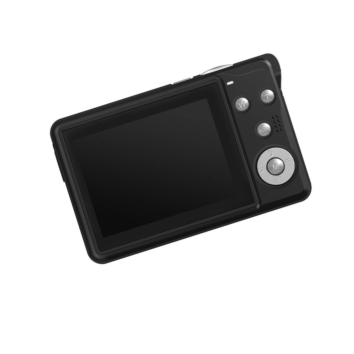 Schwarze digitale Kamera oder Mediaplayer mit großem Bildschirm und Steuertasten auf der rechten Seite, auf weißem Hintergrund dargestellt.