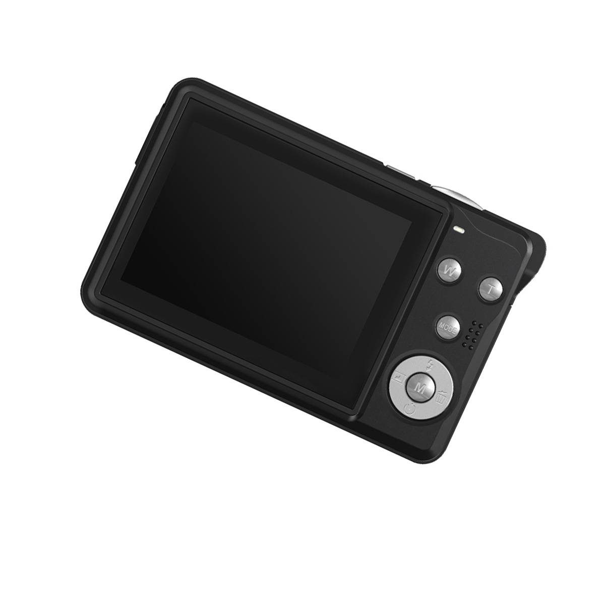 Schwarze digitale Kamera oder Videokamera mit großem Bildschirm und Steuertasten, in Schrägansicht auf weißem Hintergrund dargestellt.