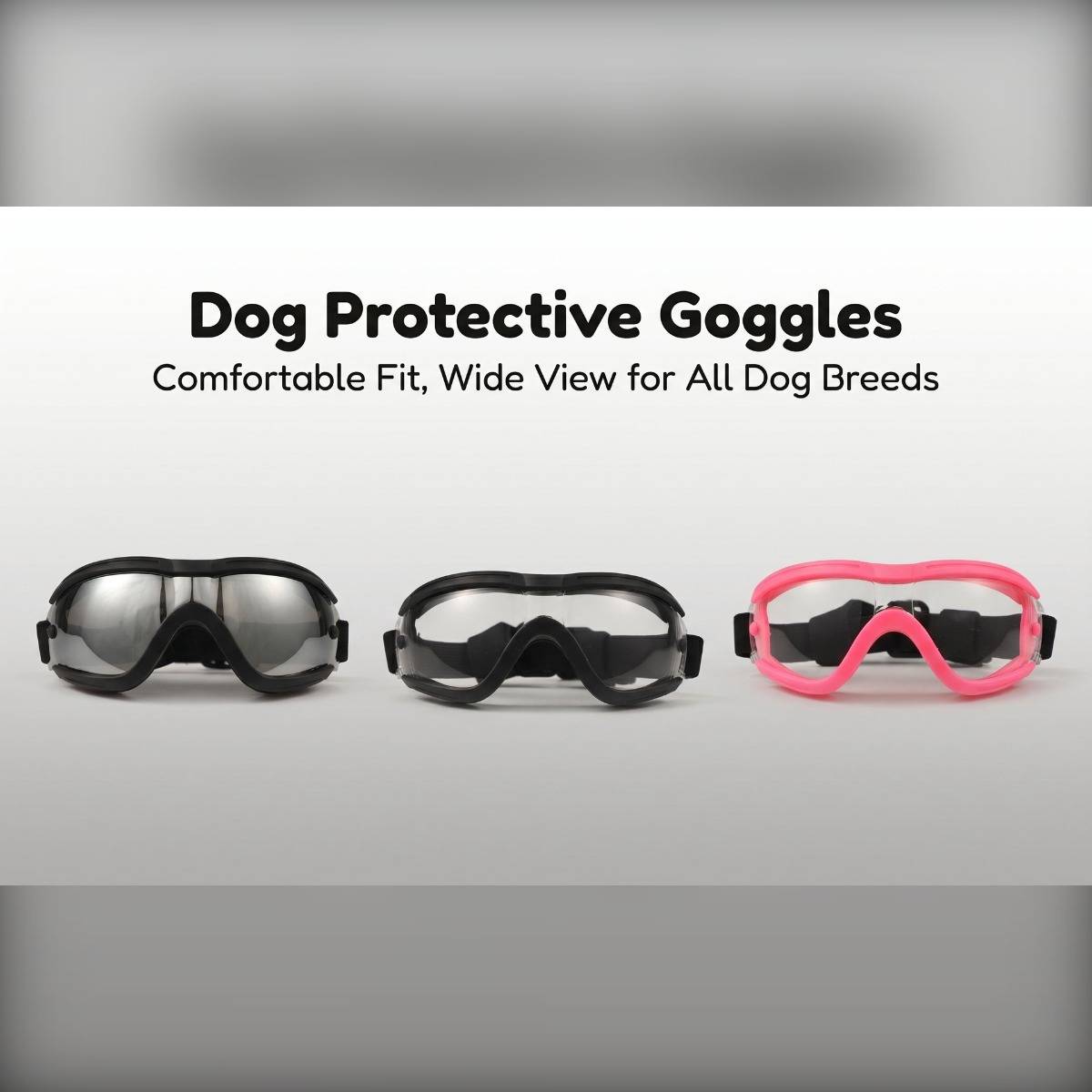 Drei Paare Schutzbrille für Hunde in Schwarz und Rosa, mit der Bezeichnung „Dog Protective Goggles
