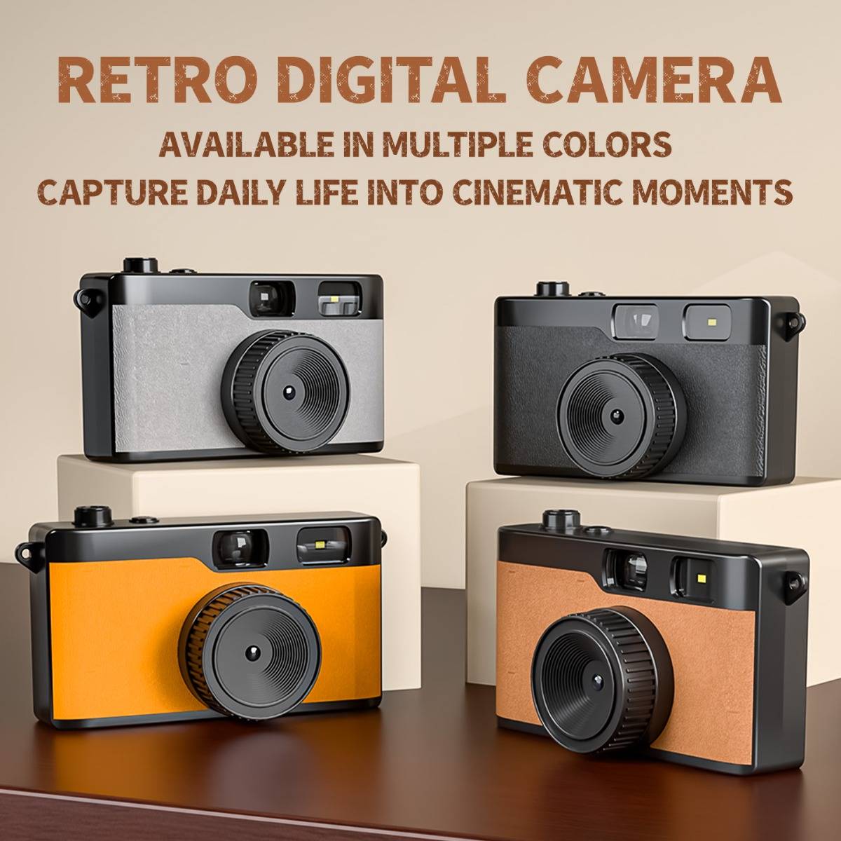 Werbebild einer digitalen Retro-Kamera in vier Farbvarianten: Silber, Schwarz, Orange und Beige.