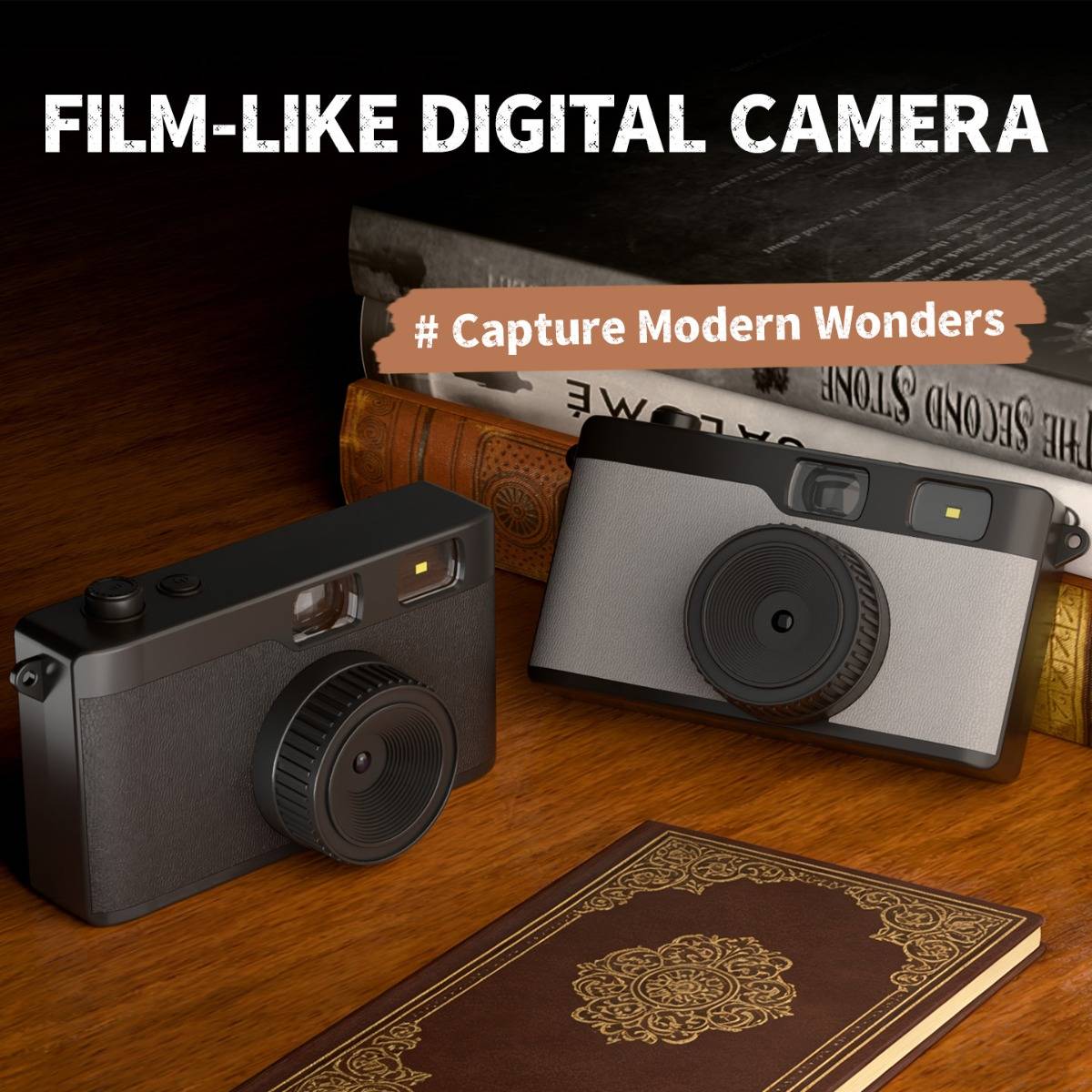 Bewerbungsbild einer filmähnlichen digitalen Kamera auf einem Holztisch, gezeigt in Schwarz und Silber mit Büchern dahinter und Text mit der Aufschrift „FILMÄHNLICHE DIGITALKAMERA
