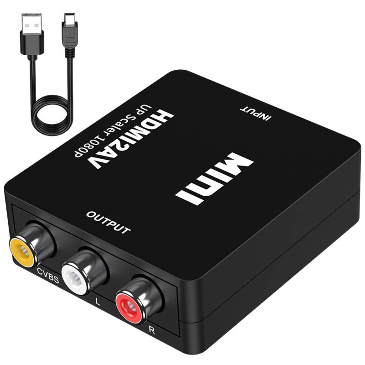 Mini-HDMI-zu-USB-Videoaufnahmegerät mit HDMI-Eingang, drei RCA-Ausgängen und enthaltenem USB-Kabel.