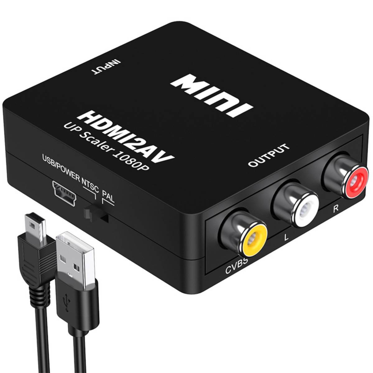 Schwarzer Mini-HDMI-zu-AV-Upscaler 1080P-Konverter mit USB-Stromeingang und RCA-Ausgangsbuchsen für CVBS, L und R Audio-/Videosignal.