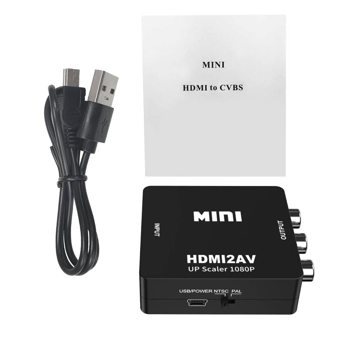 Mini-HDMI zu CVBS HDMI2AV Upscaler mit USB-Kabel neben der schwarzen Konverterbox und ihrer Bedienungsanleitung.