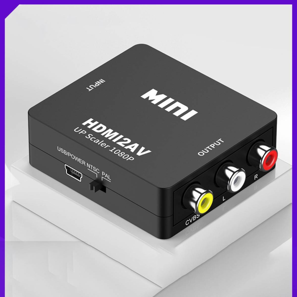 Mini-HDMI zu AV-Upscaler-Box mit der Bezeichnung 'HDMI2AV', mit Eingang auf einer Seite und CVBS/RCA-Ausgangsanschlüssen auf der anderen Seite.
