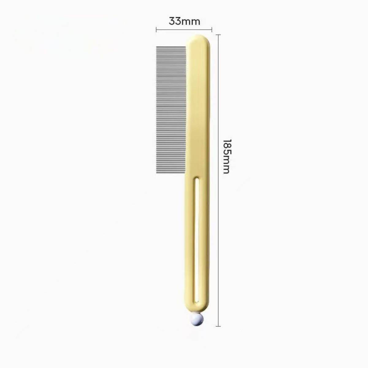 Goldfarbener Läusekamm mit feinen Metallzähnen, dargestellt mit beschrifteten Abmessungen von 33 mm Breite und 185 mm Länge.