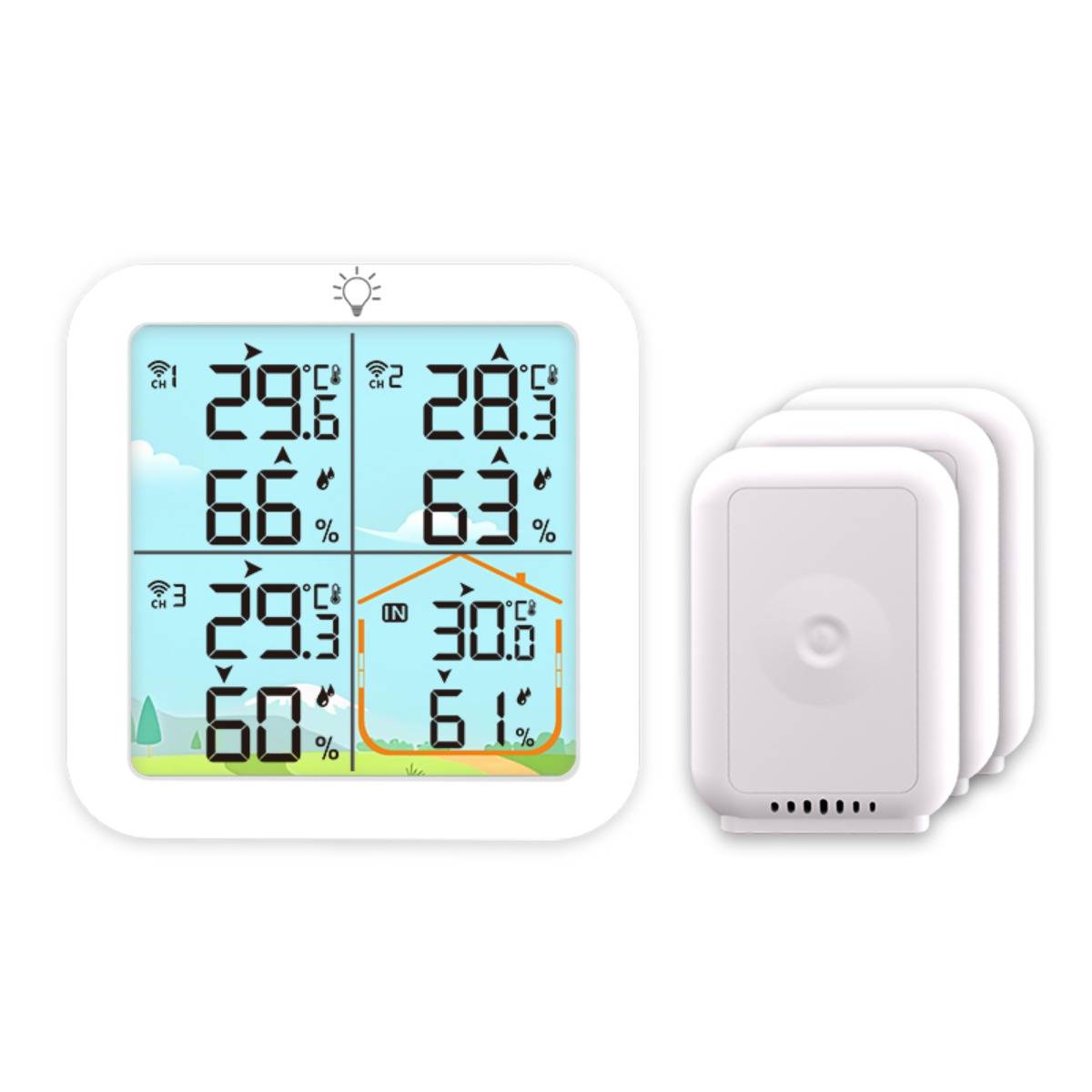 Digitale kabellose Wetterstation mit quadratischem Display, das Innen- und Außentemperaturen sowie Luftfeuchtigkeit für vier Kanäle anzeigt, plus separate Sensoreinheit.