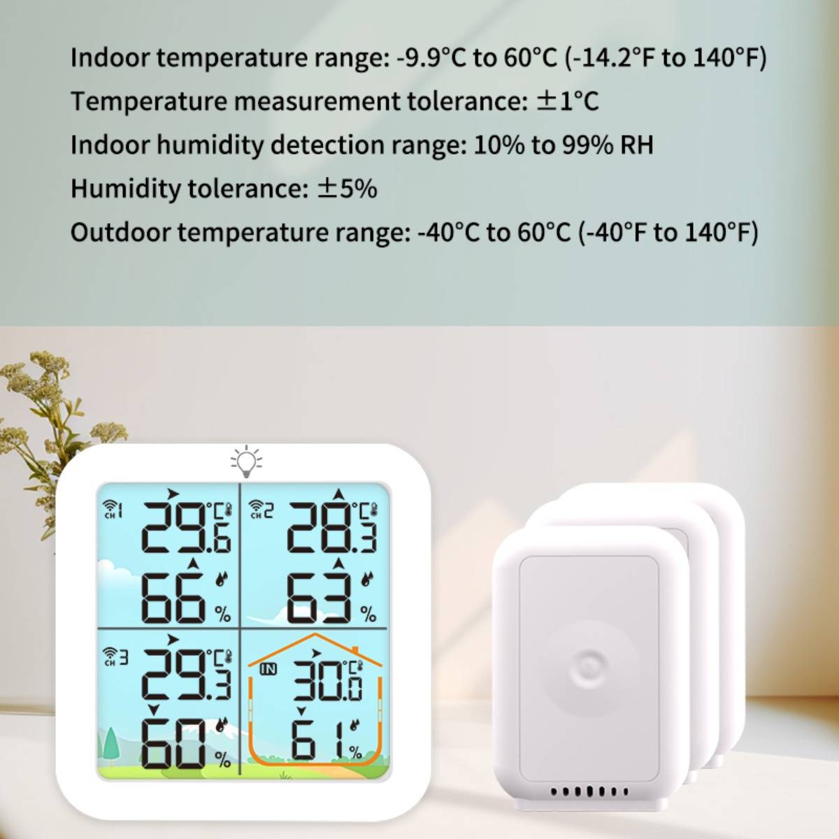Anzeige eines drahtlosen Innen-/Außenthermometers und Hygrometers mit vier Sensormessungen sowie aufgelisteten Messbereichen und Toleranzen.