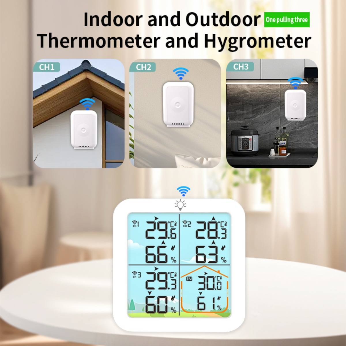 Werbebild eines kabellosen Innen-/Außenthermometers und Hygrometers mit einem Sensor und einem Display, das Temperatur und Luftfeuchtigkeit für vier Kanäle anzeigt.