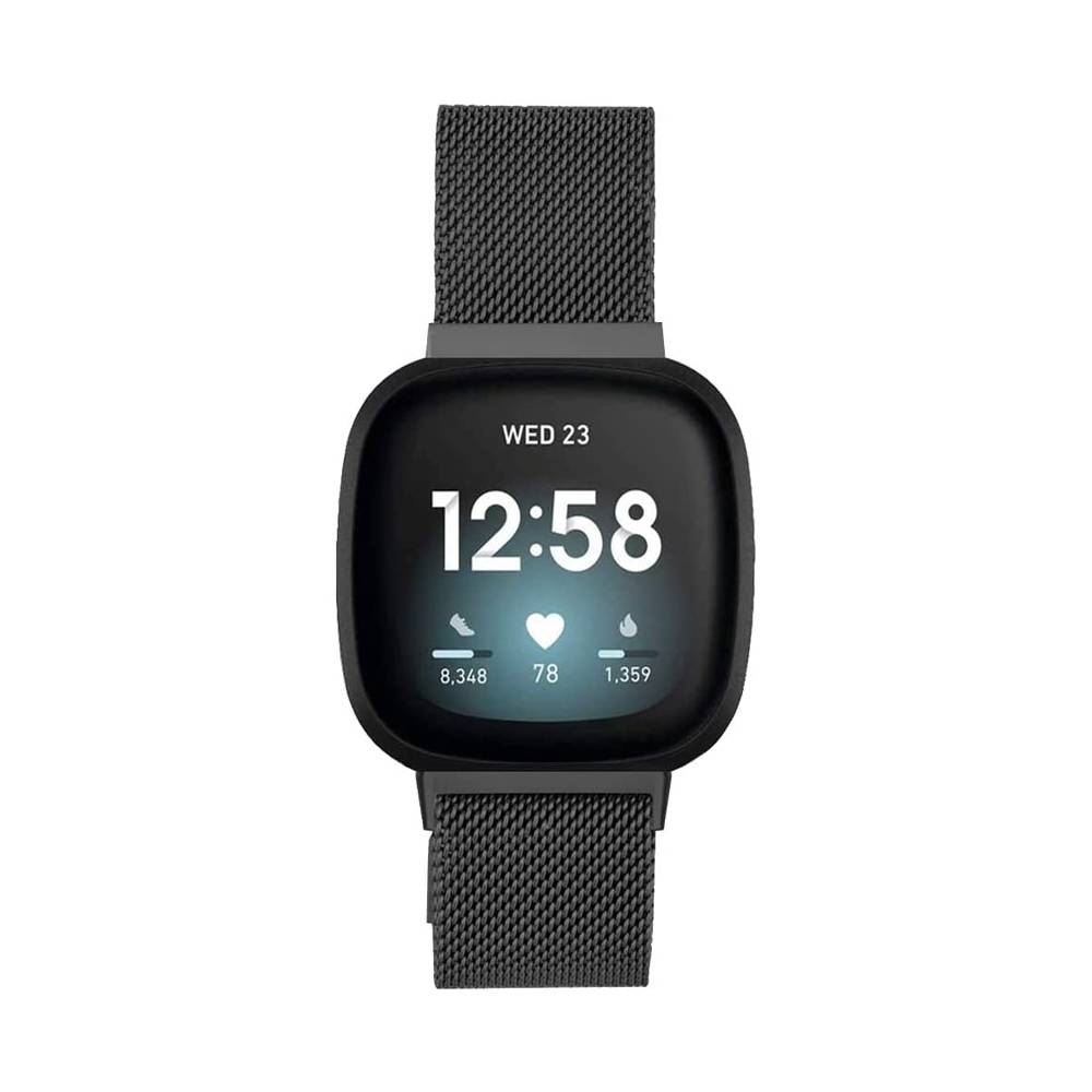 Schwarze Smartwatch zeigt 12:58 an, Mittwoch 23, mit Schritt-, Herzfrequenz- und Aktivitätssymbolen auf dem Display.