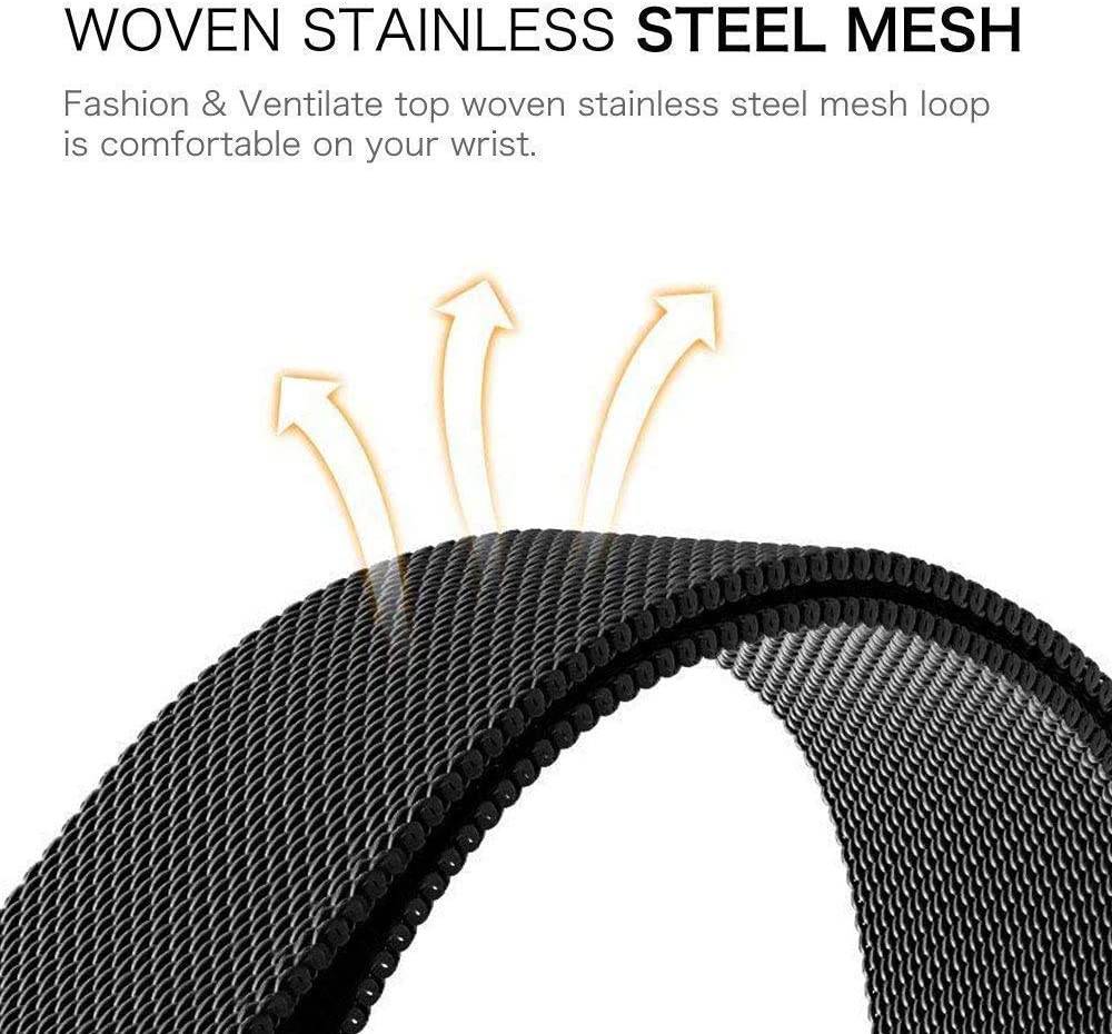 Schwarzes geflochtenes Edelstahlmaschenmuster-Uhrenarmband mit Pfeilen, die die atmungsaktive, belüftete Oberschicht anzeigen.