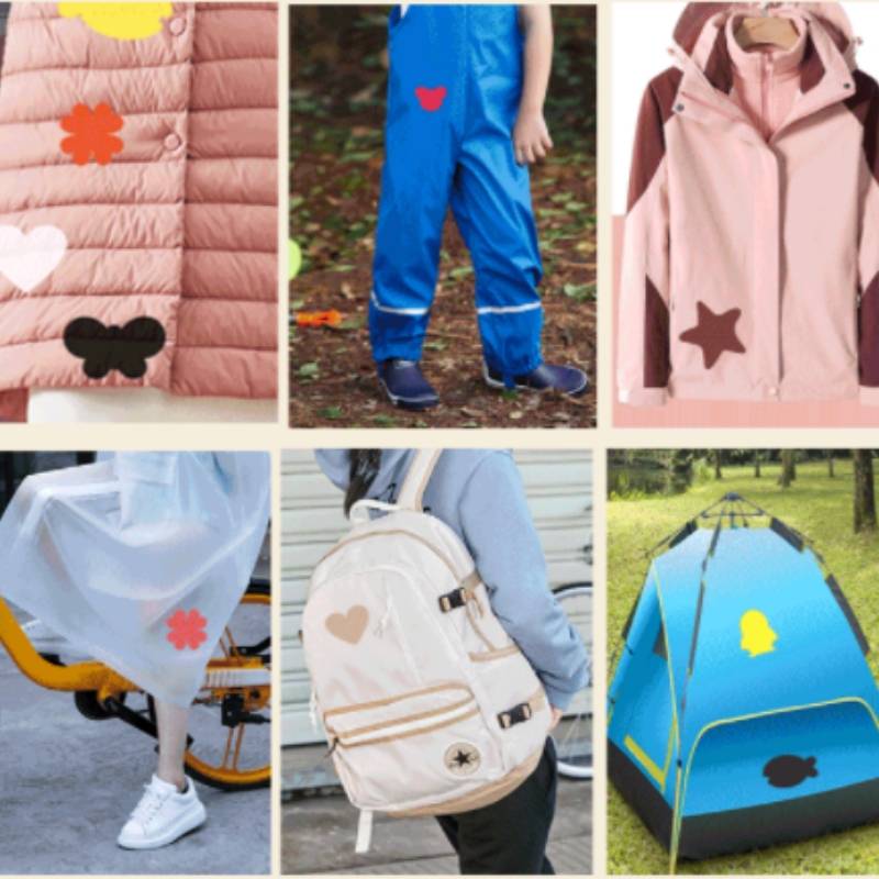 Collage aus pastellfarbener Outdoor-Ausrüstung und Kleidung für Kinder: rosa gesteppter Mantel, blaue Hose, rosa Kapuzenjacke, weißer Fahrradschutz, cremefarbener Rucksack und blaues Zelt.