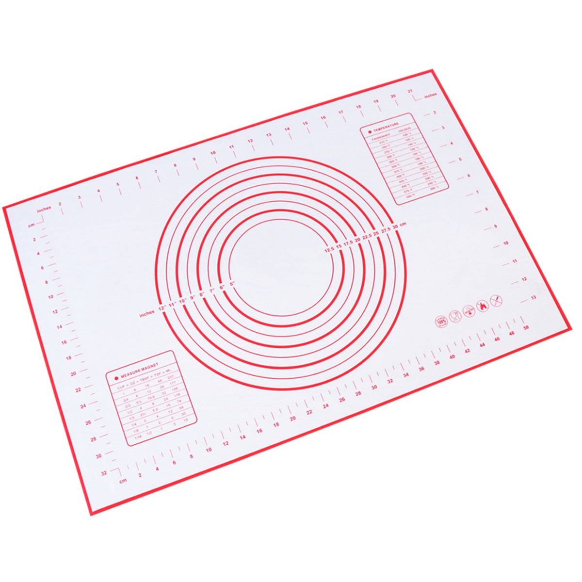 Drehbare rote Backmatte mit konzentrischen Kreisen, Messskalen und kleinen Umrechnungstabellen zum gleichmäßigen Ausrollen von Teig.
