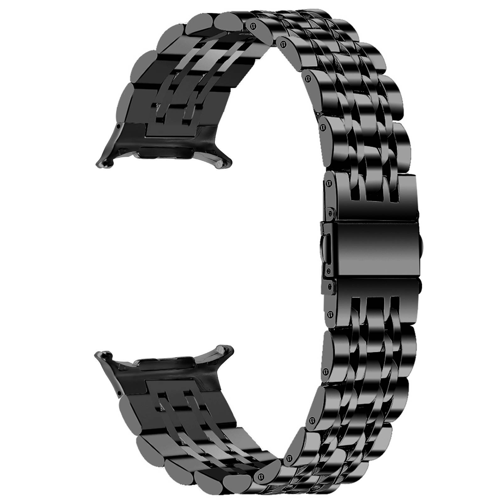 Schwarzes Metall-Uhrenarmband mit glänzender rechteckiger Schließe, offen auf weißem Hintergrund dargestellt.