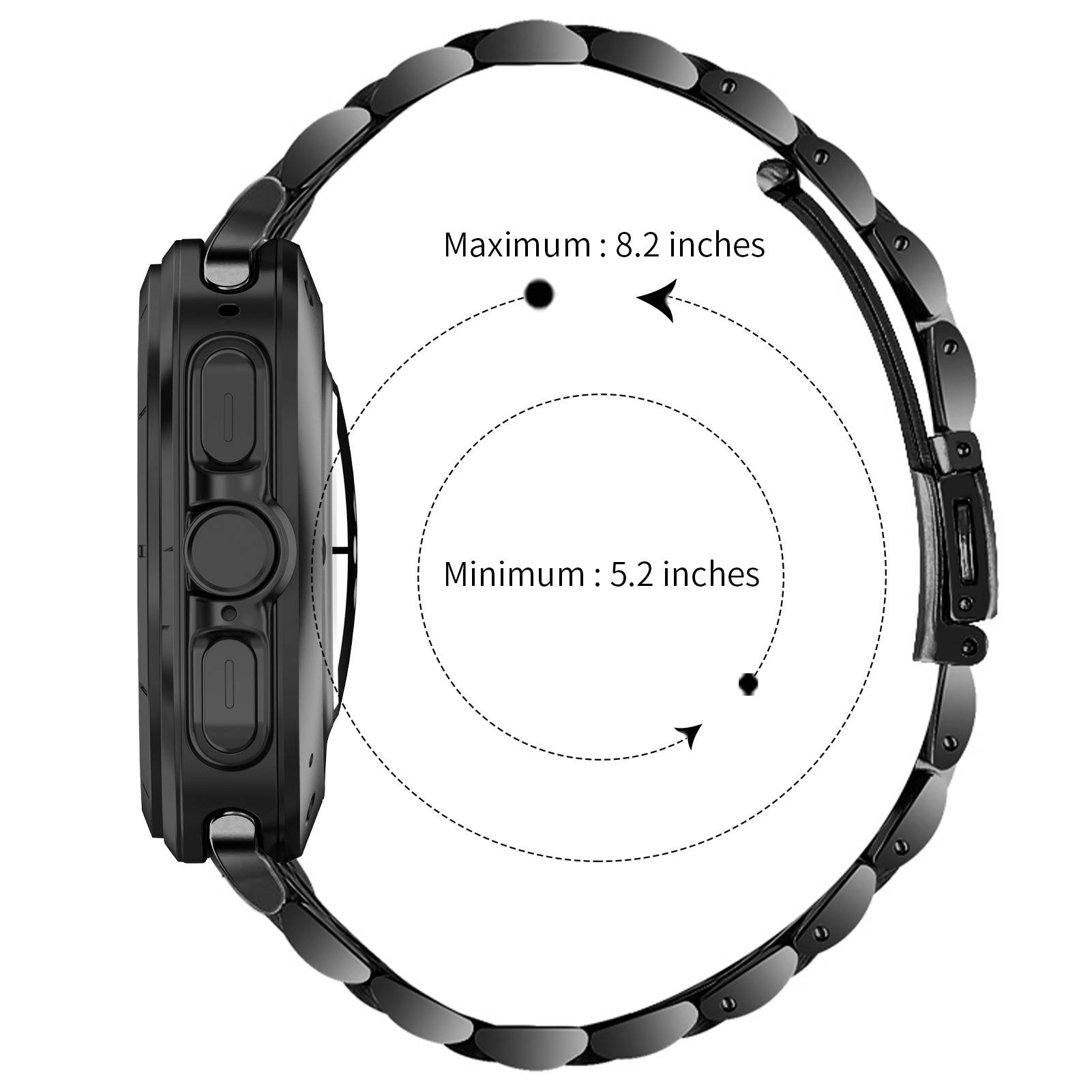 Seitenansicht eines schwarzen Armband-Geräts mit verstellbarer Bandlänge, gekennzeichnet mit „Minimum: 5,2 Zoll" und „Maximum: 8,2 Zoll"".