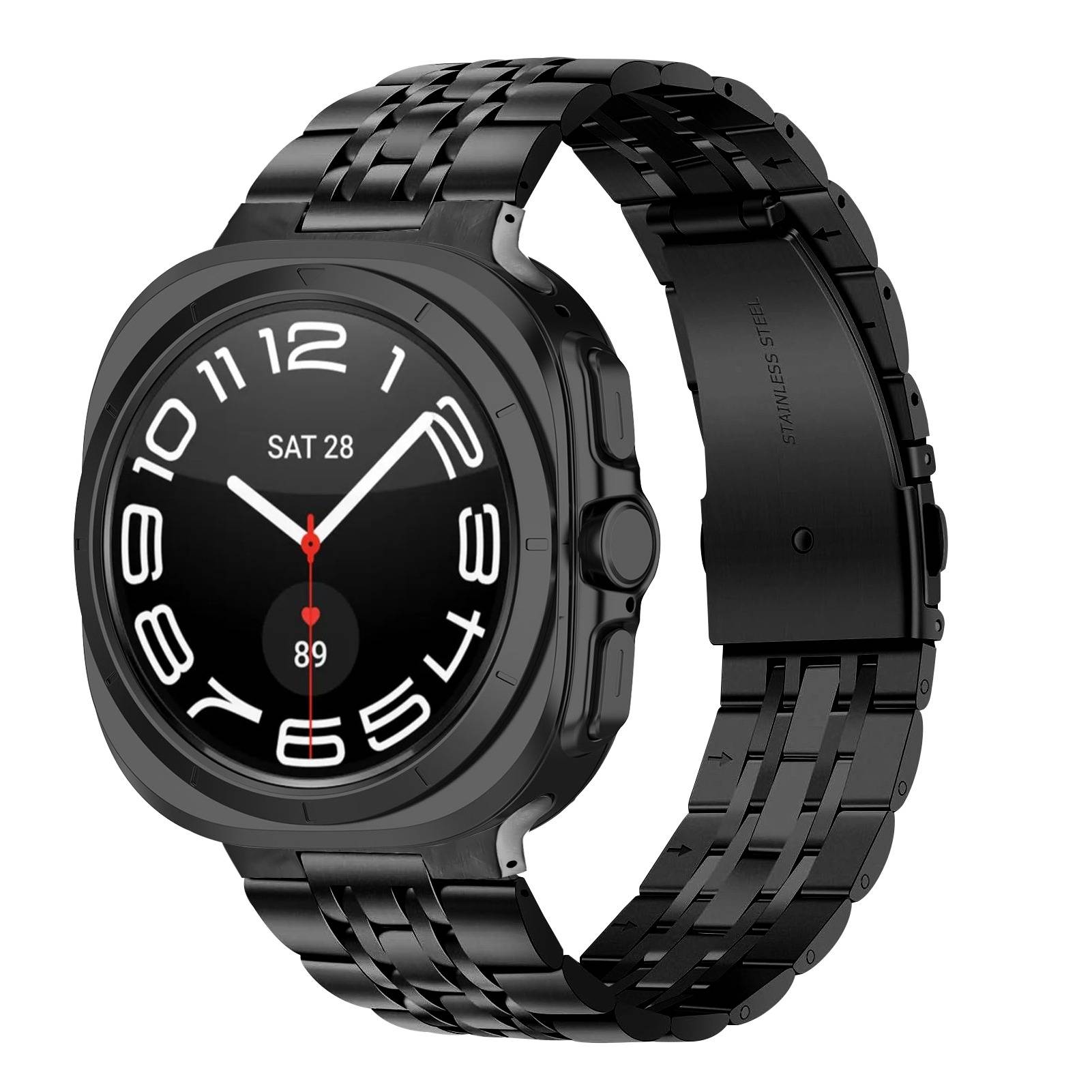 Schwarze Smartwatch mit Metallgliedband, rundes Zifferblatt zeigt 10:10, "SAT 28"" und das Datum 89 auf schwarzem Hintergrund.