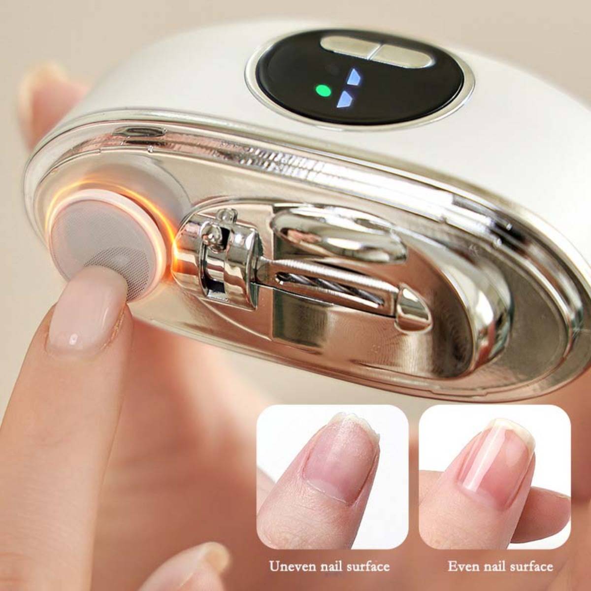 Elektrische Nagelfeile wird auf einem Fingernagel verwendet, mit Vergrößerungen, die 