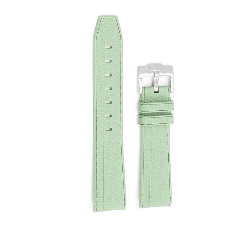 Mintgrünes Uhrenarmband mit silberner Schnalle, von vorne und hinten auf weißem Hintergrund dargestellt.
