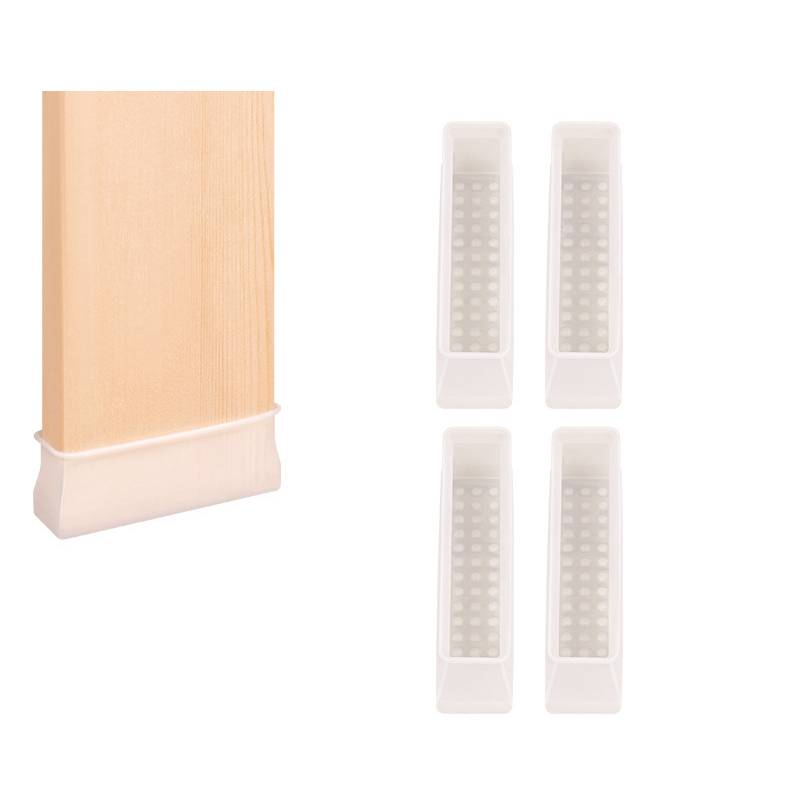 Holzbrett mit weißer Grundfläche, dargestellt neben vier kleinen weißen Kunststoffschlitzen oder Clips, wahrscheinlich ein modulares Organizer-Komponenten-Set.