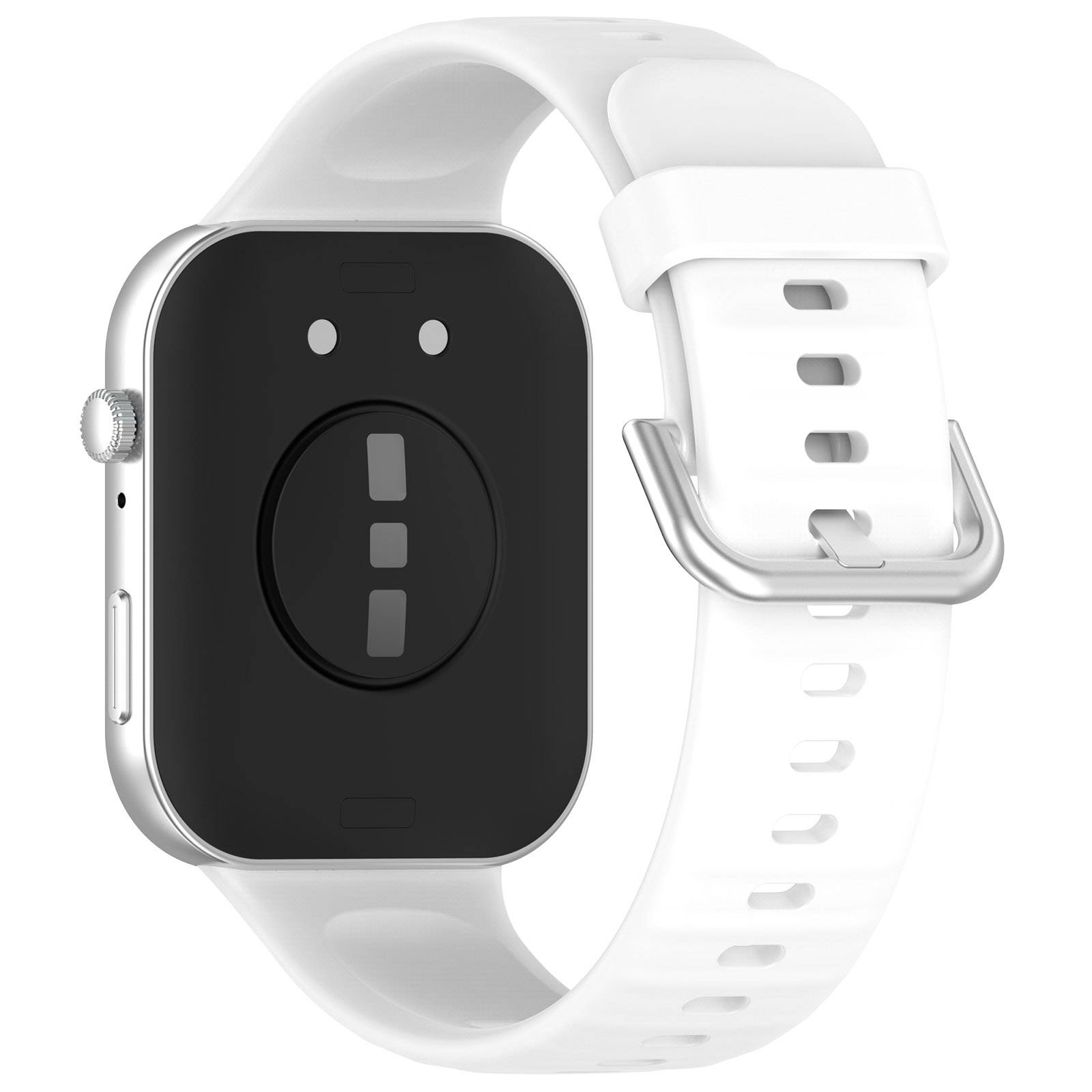 Weiße Smartwatch mit schwarzem rechteckigem Zifferblatt, zwei Punkten und zentralem Symbol, gezeigt mit weißem Sportband und Metallschnalle.