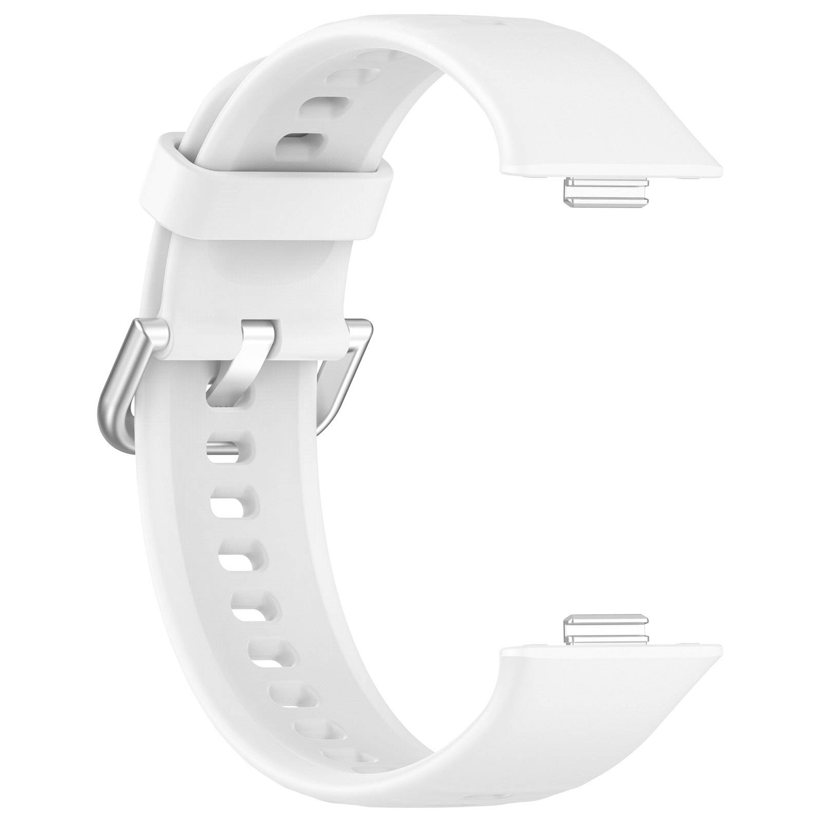 Weißes Silikonarmband mit Metallschnalle und verstellbaren Löchern, dargestellt vor einem neutralen Hintergrund.