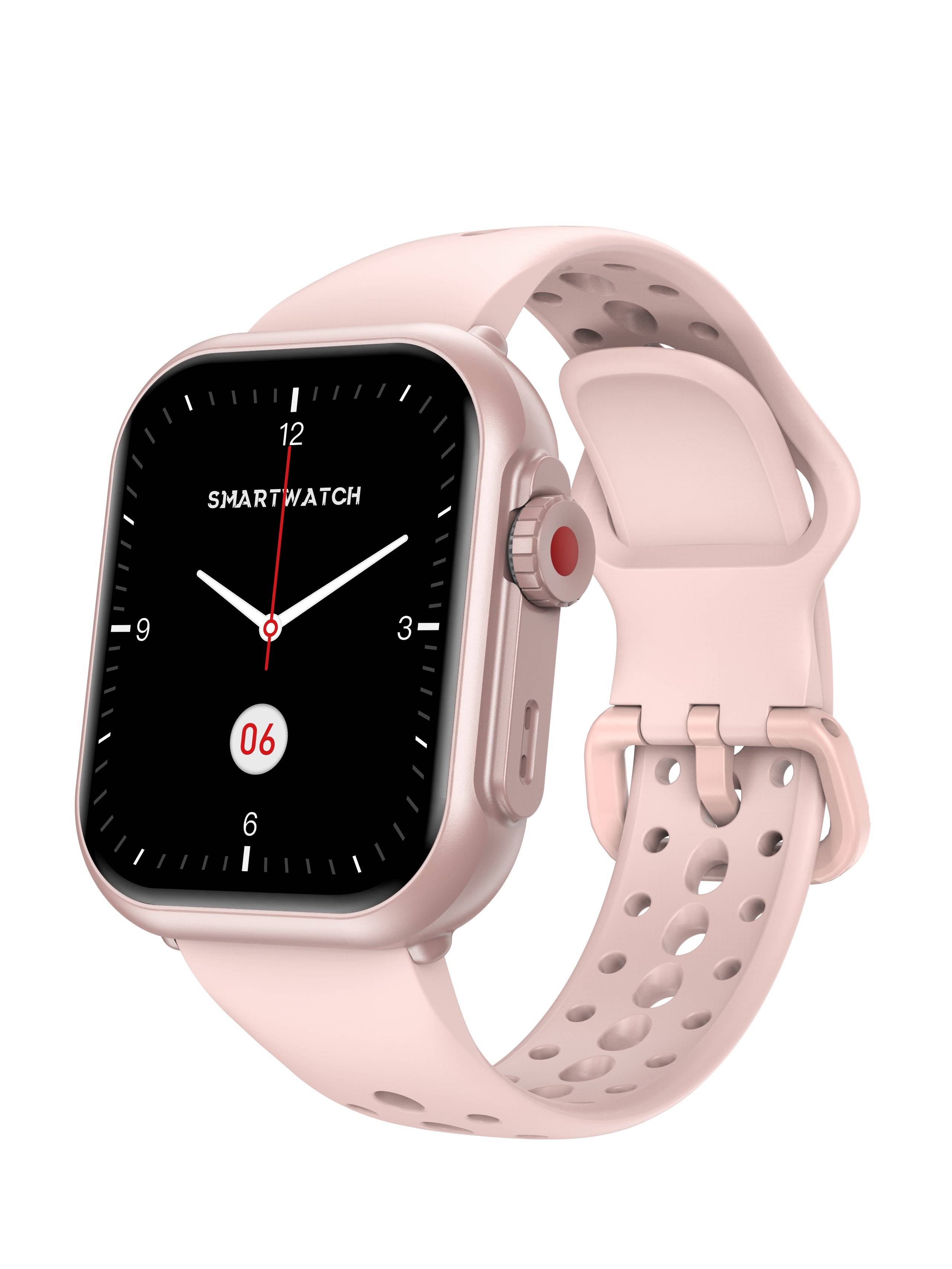Rosa Smartwatch mit schwarzem Analog-Stil-Display, auf dem „SMARTWATCH