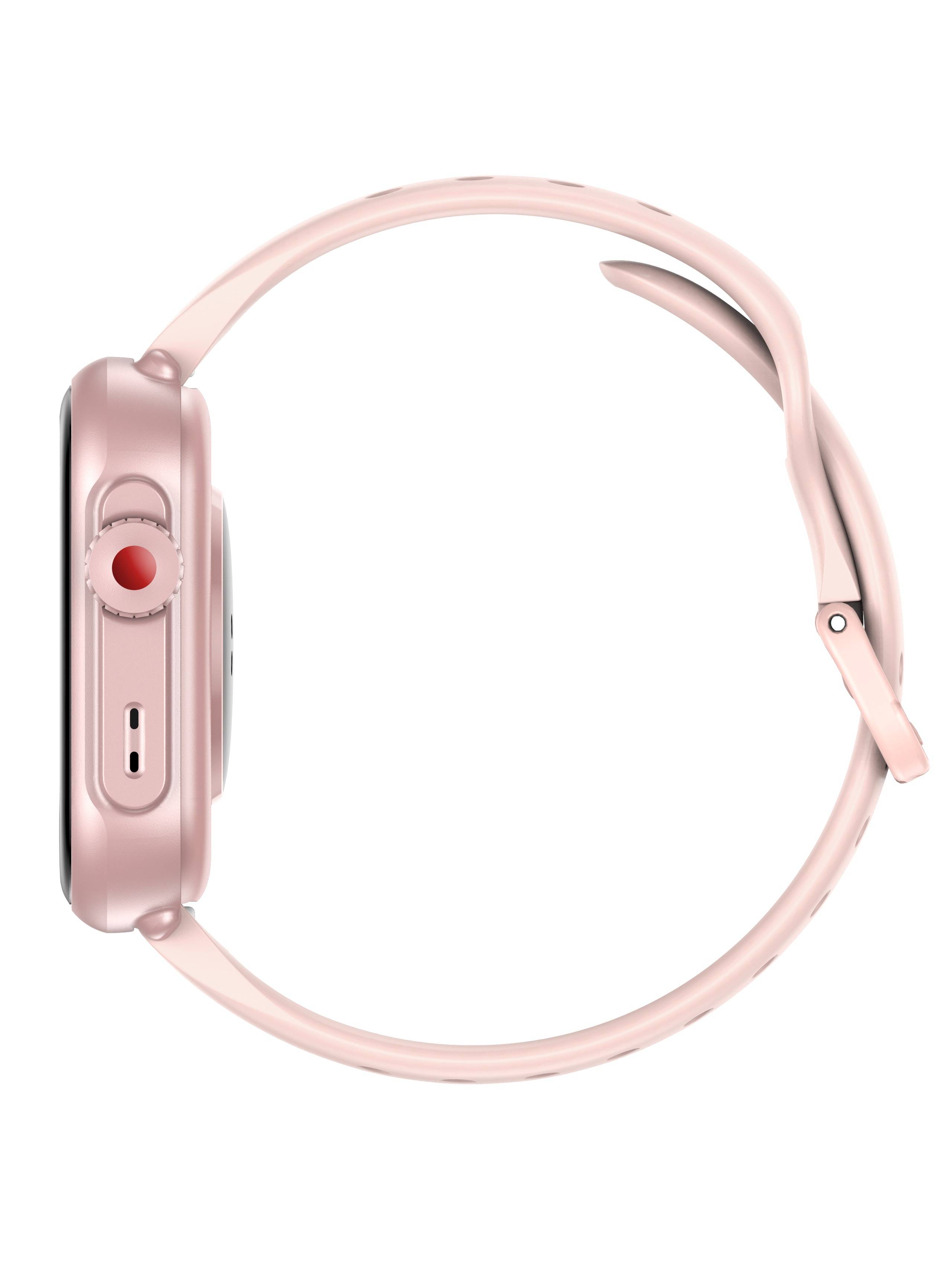 Rosé-goldene Smartwatch in Seitenansicht mit rosa Armband und roter Krone, isoliert auf weißem Hintergrund.