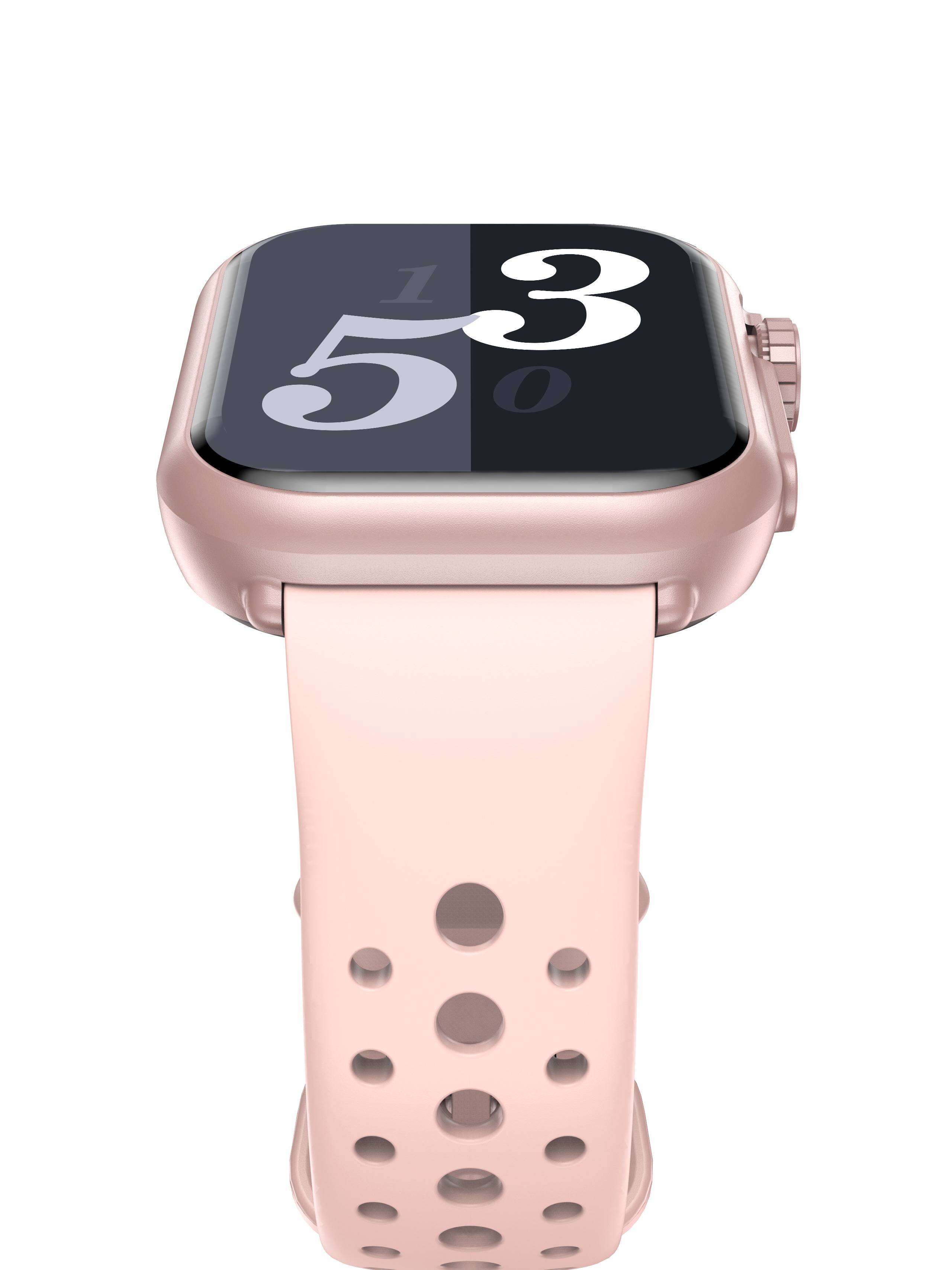 Rosa Smartwatch mit schwarzem Zifferblatt, auf dem eine große weiße „3