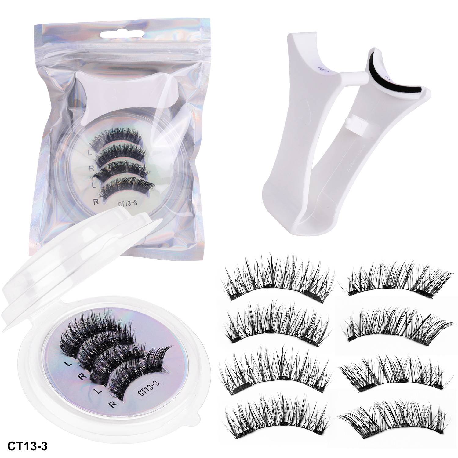 Falscher Wimpern Set mit Verpackung, Aufbewahrungsbox und sechs Paaren dramatischer Wimpern auf weißem Hintergrund.
