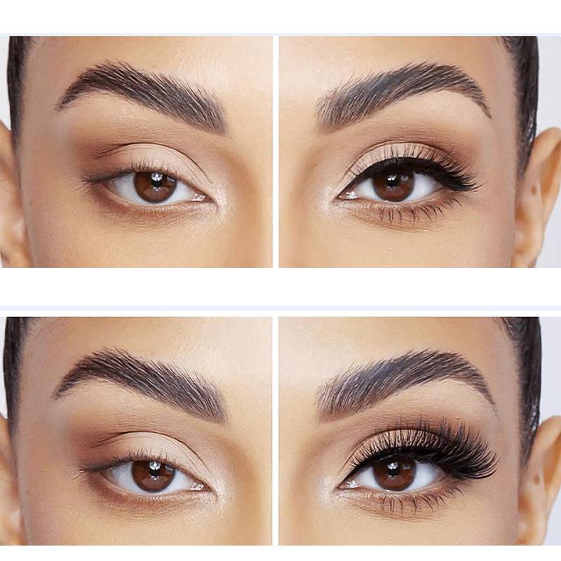 Vorher-und-Nachher-Nahaufnahme von Augen und Augenbrauen: oben natürliche Wimpern, unten verstärkte, vollere künstliche Wimpern und Make-up.