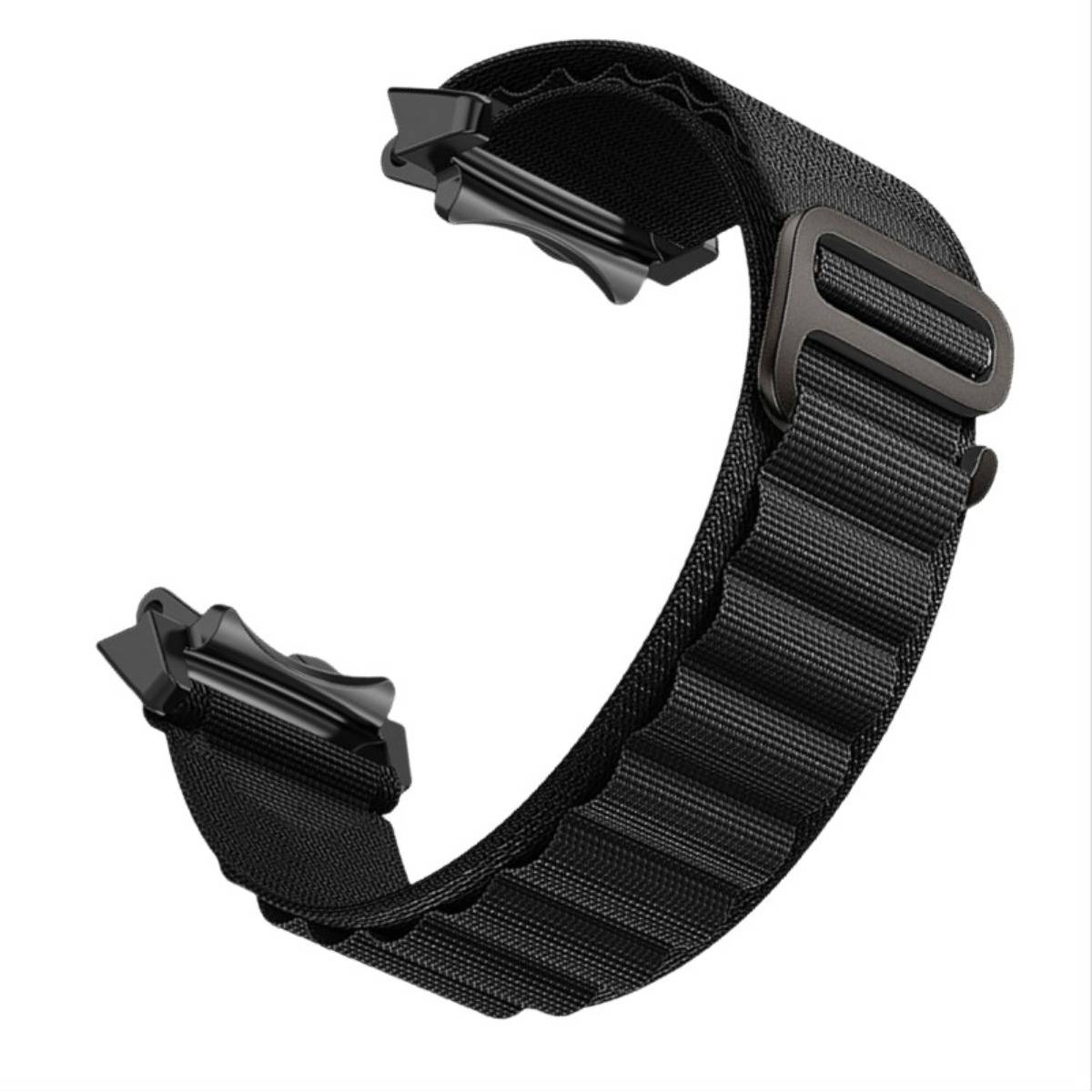 Schwarzer verstellbarer Nylon-Uhrenarmband mit Metallschnallenverschlüssen, isoliert auf weißem Hintergrund gezeigt.