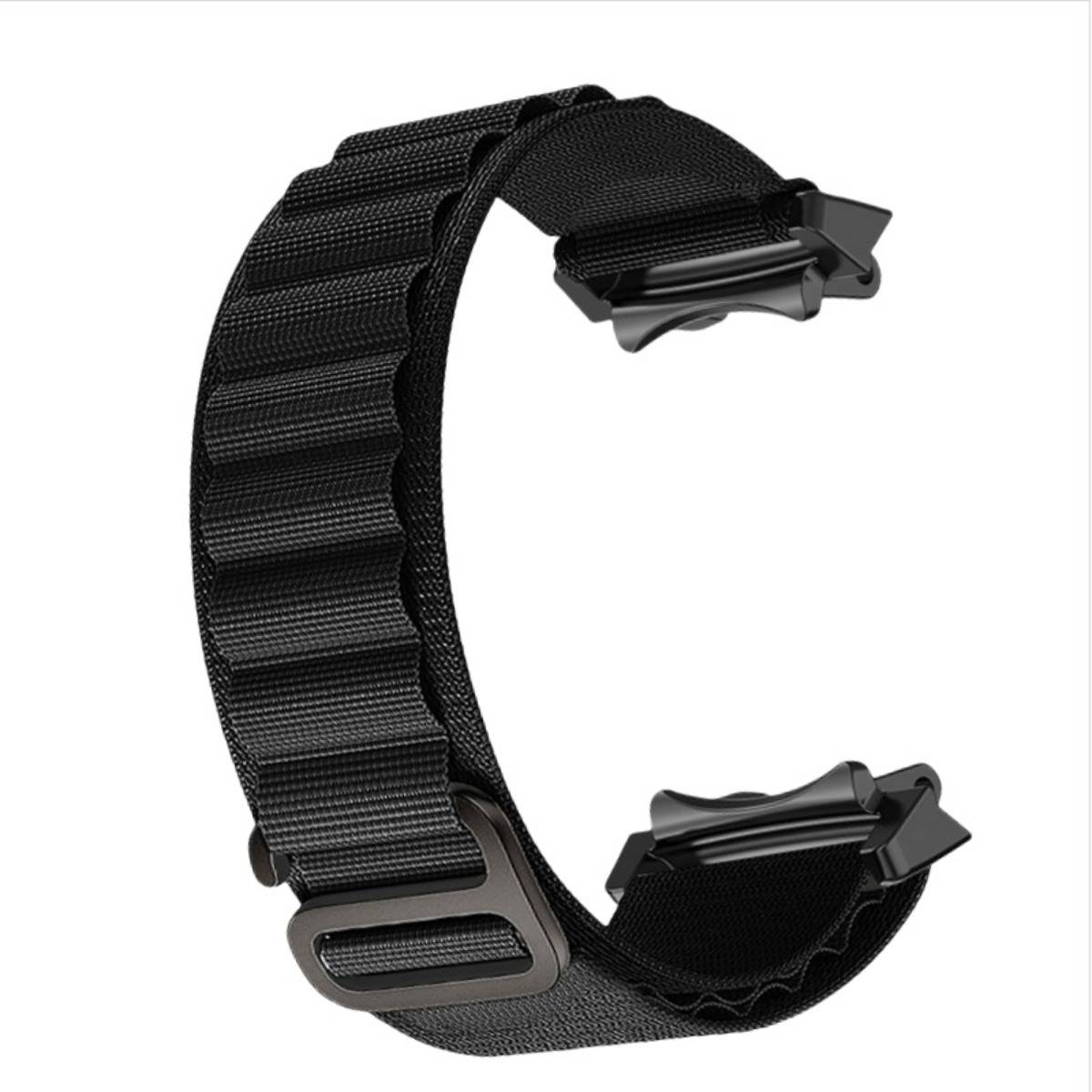 Schwarzer verstellbarer Nylon-Uhrenarmband mit Metallschnalle und Schlaufe, gezeigt auf weißem Hintergrund.