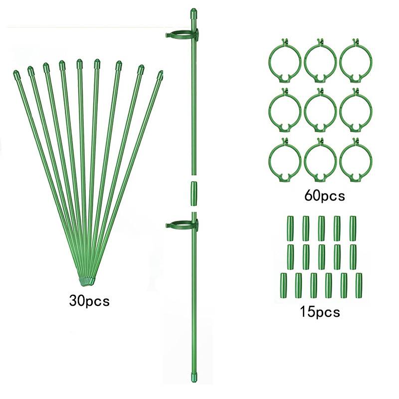 Produktdiagramm von grünen Pflanzenstützpfählen und Ringen, das 30 Pfahle, 60 kreisförmige Verbinder und 15 Rohrteile zur Montage zeigt.