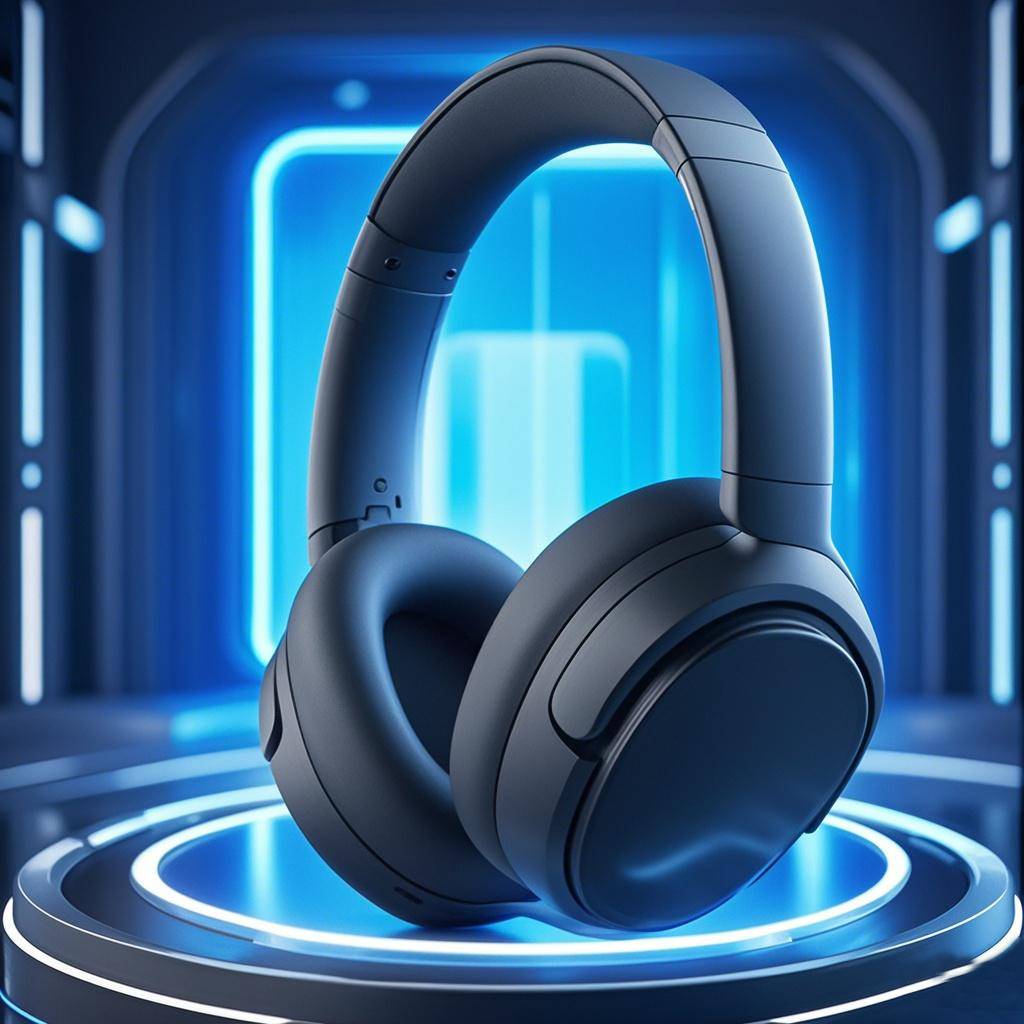 Schwarze Over-Ear-Kopfhörer auf einem leuchtenden blauen futuristischen Podest in einer eleganten, technologisch gestalteten Umgebung präsentiert.
