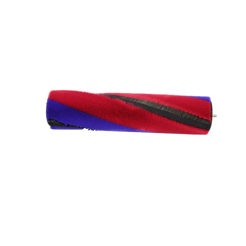 Roter und blauer zylindrischer Bürstenroller mit schwarzen diagonalen Streifen auf weißem Hintergrund.