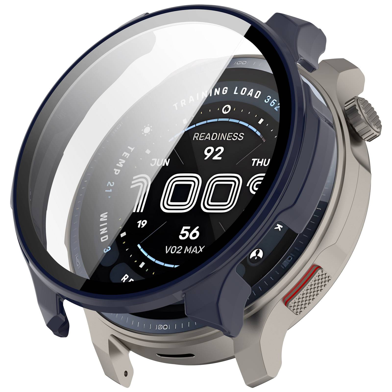 Eine robuste runde Smartwatch mit dunklem Lünette und silbernem Gehäuse, die ein Fitness-Dashboard mit „READINESS 92", „TRAINING LOAD 56"" und „VO2 MAX 56"" auf dem Display anzeigt.