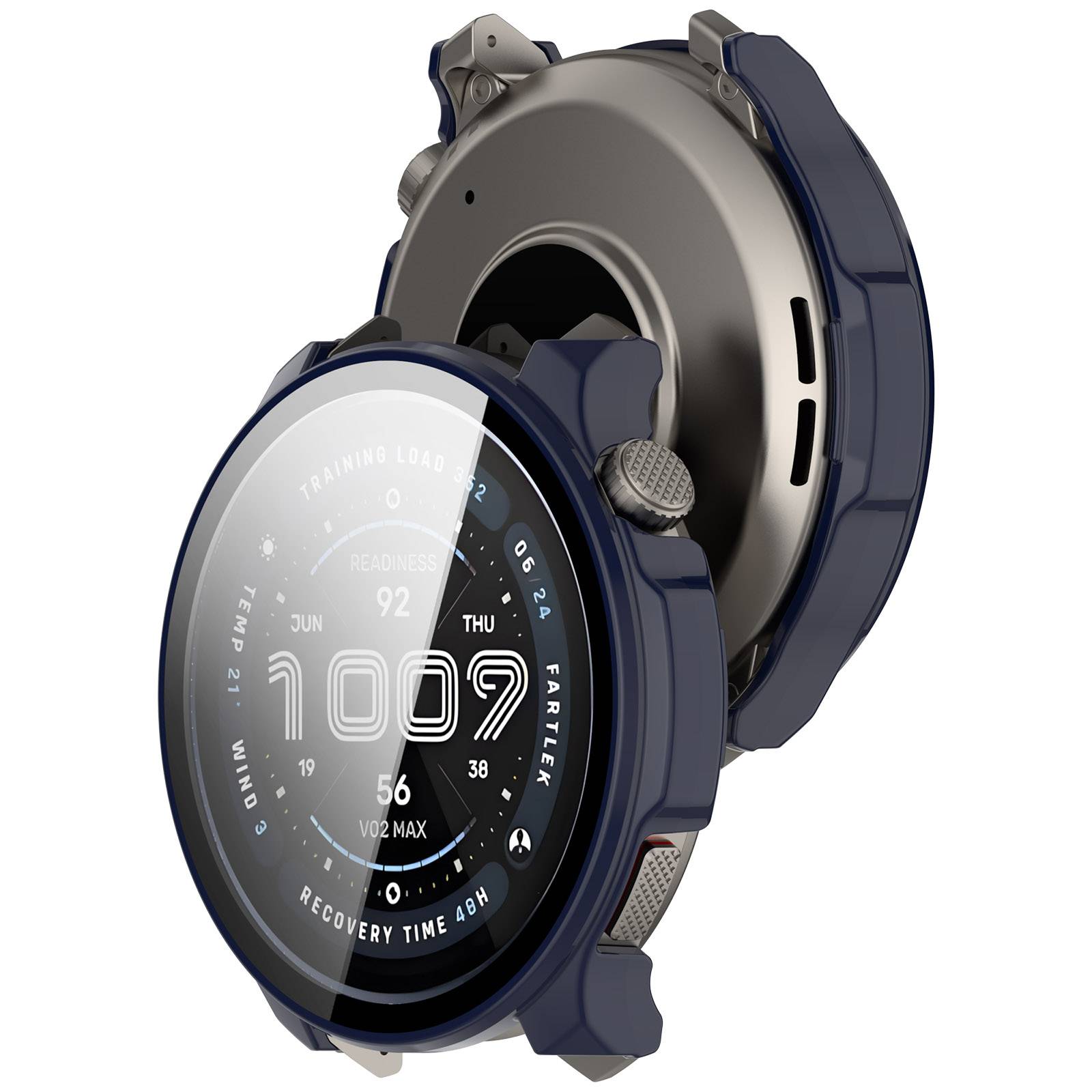 Smartwatch von vorne und hinten gezeigt, in Marineblau und Silber, mit rundem digitalem Display, das Fitness-Metriken und Uhrzeit anzeigt.