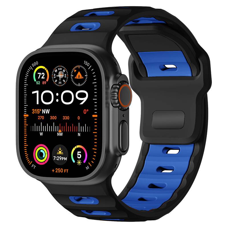 Schwarze und blaue Smartwatch mit großem digitalen Display, das 10:09 anzeigt, Fitnessdaten, Kompass und Aktivitätsringe.