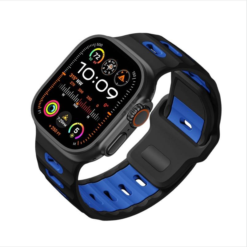 Schwarze und blaue Smartwatch mit quadratischem Display, das 10:09 anzeigt und mehrere Aktivitäts-/Fitness-Komplikationssymbole.